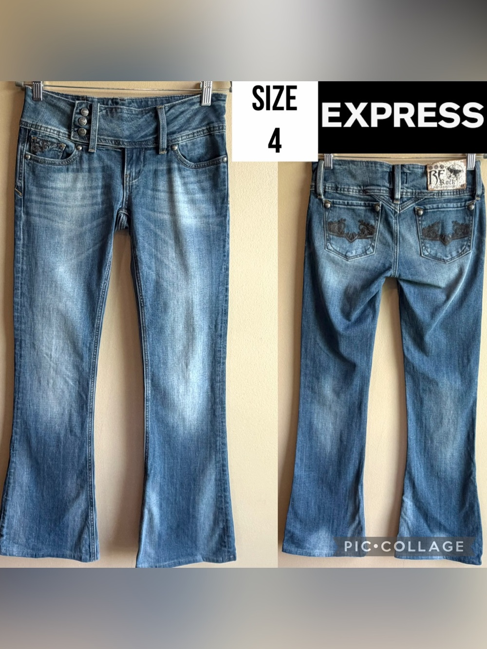 ReRock for Express Womens Jeans Flare Y2K Low Rise 3 Button Embroidered Size 4
